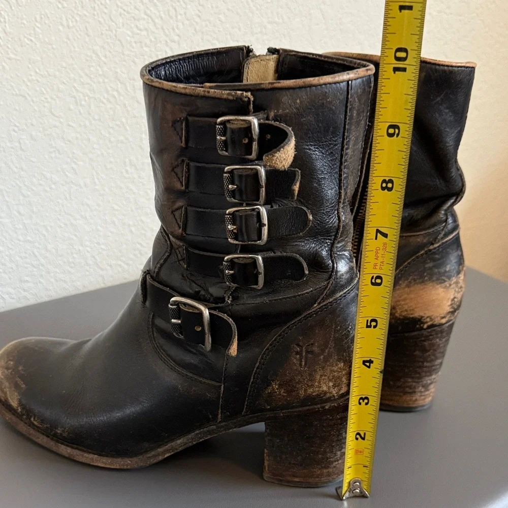 Frye Distressed Black Leather Mid Calf Boots with Buckle Detail - Picture 15 of 16